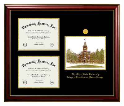Ohio State University College of Education and Human Ecology Triple Opening with Campus Image Frame in Classic Mahogany with Gold Trim with Black & Gold Mats for document: 8 1/2"h x 11"w  , document: 8 1/2"h x 11"w  