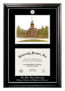 Ohio State University College of Social and Behavioral Sciences Double Opening with Campus Image (Stacked) Frame in Classic Ebony with Silver Trim with Black & Silver Mats for document: 8 1/2"h x 11"w  