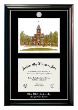 Ohio State University Magna Cum Laude Double Opening with Campus Image (Stacked) Frame in Classic Ebony with Silver Trim with Black & Silver Mats for document: 8 1/2"h x 11"w  