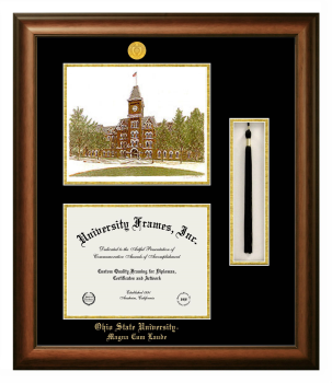 Ohio State University Magna Cum Laude Double Opening with Campus Image & Tassel Box (Stacked) Frame in Satin Walnut with Black & Gold Mats for document: 8 1/2"h x 11"w  