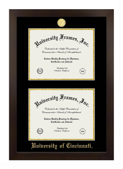 University of Cincinnati Double Diploma Frame in Manhattan Espresso with Black & Gold Mats for document: 8 1/2"h x 11"w  , document: 8 1/2"h x 11"w  