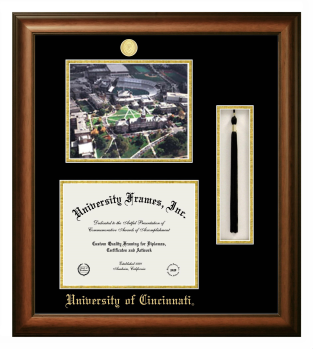 University of Cincinnati Double Opening with Campus Image & Tassel Box (Stacked) Frame in Satin Walnut with Black & Gold Mats for document: 8 1/2"h x 11"w  