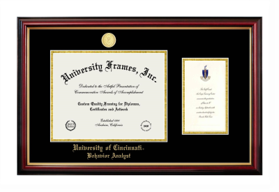 University of Cincinnati Behavior Analyst Diploma with Announcement Frame in Petite Mahogany with Gold Trim with Black & Gold Mats for document: 8 1/2"h x 11"w  , diploma: 7"h x 4"w  