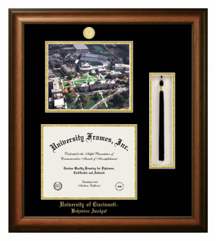 University of Cincinnati Behavior Analyst Double Opening with Campus Image & Tassel Box (Stacked) Frame in Satin Walnut with Black & Gold Mats for document: 8 1/2"h x 11"w  