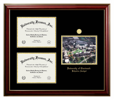 University of Cincinnati Behavior Analyst Triple Opening with Campus Image Frame in Classic Mahogany with Gold Trim with Black & Gold Mats for document: 8 1/2"h x 11"w  , document: 8 1/2"h x 11"w  