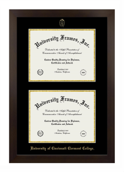 University of Cincinnati Clermont College Double Diploma Frame in Manhattan Espresso with Black & Gold Mats for document: 8 1/2"h x 11"w  , document: 8 1/2"h x 11"w  