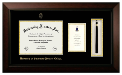 University of Cincinnati Clermont College Diploma with Announcement & Tassel Box Frame in Legacy Black Cherry with Black & Gold Mats for document: 8 1/2"h x 11"w  , diploma: 7"h x 4"w  