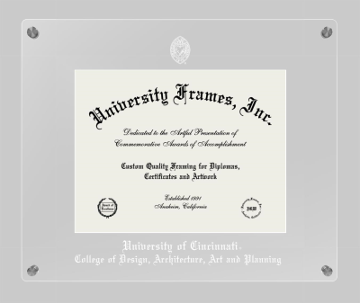 University of Cincinnati College of Design, Architecture, Art and Planning Lucent Clear-over-Clear Frame in Lucent Clear Moulding with Lucent Clear Mat for document: 8 1/2"h x 11"w  