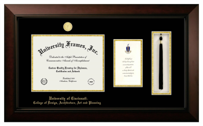 University of Cincinnati College of Design, Architecture, Art and Planning Diploma with Announcement & Tassel Box Frame in Legacy Black Cherry with Black & Gold Mats for document: 8 1/2"h x 11"w  , diploma: 7"h x 4"w  