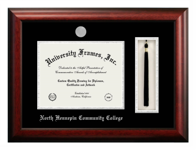 North Hennepin Community College Diploma with Tassel Box Frame in Satin Mahogany with Black & Silver Mats for document: 8 1/2"h x 11"w  