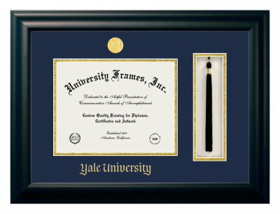 Yale University Diploma with Tassel Box Frame in Satin Black with Navy Blue & Gold Mats for document: 8 1/2"h x 11"w  