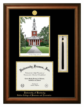 University of Kentucky Gatton College of Business and Economics Double Opening with Campus Image & Tassel Box (Stacked) Frame in Satin Walnut with Black & Gold Mats for document: 8 1/2"h x 11"w  