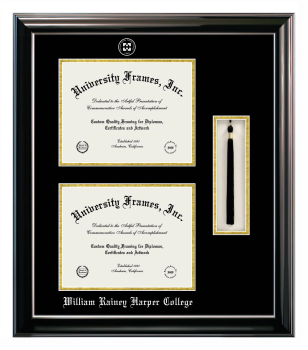 William Rainey Harper College Double Degree with Tassel Box (Stacked) Frame in Classic Ebony with Silver Trim with Black & Gold Mats for document: 8 1/2"h x 11"w  , document: 8 1/2"h x 11"w  