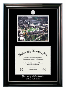 University of Cincinnati College of Medicine Double Opening with Campus Image (Stacked) Frame in Classic Ebony with Silver Trim with Black & Silver Mats for document: 8 1/2"h x 11"w  
