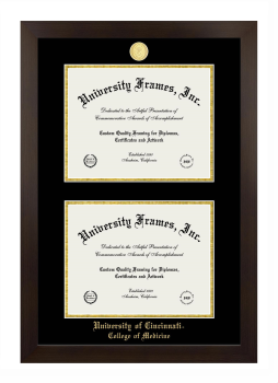 University of Cincinnati College of Medicine Double Diploma Frame in Manhattan Espresso with Black & Gold Mats for document: 8 1/2"h x 11"w  , document: 8 1/2"h x 11"w  