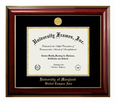 University of Maryland Global Campus Asia Diploma Frame in Classic Mahogany with Gold Trim with Black & Gold Mats for document: 8 1/2"h x 11"w  