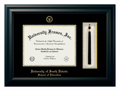 University of South Dakota School of Education Diploma with Tassel Box Frame in Satin Black with Black & Gold Mats for document: 8 1/2"h x 11"w  
