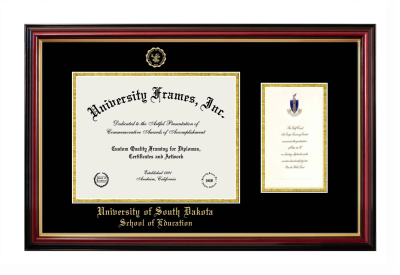 University of South Dakota School of Education Diploma with Announcement Frame in Petite Mahogany with Gold Trim with Black & Gold Mats for document: 8 1/2"h x 11"w  , diploma: 7"h x 4"w  