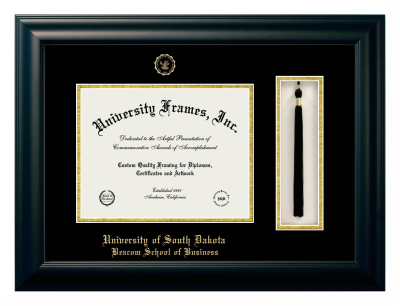 University of South Dakota Beacom School of Business Diploma with Tassel Box Frame in Satin Black with Black & Gold Mats for document: 8 1/2"h x 11"w  
