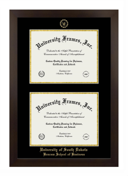 University of South Dakota Beacom School of Business Double Diploma Frame in Manhattan Espresso with Black & Gold Mats for document: 8 1/2"h x 11"w  , document: 8 1/2"h x 11"w  