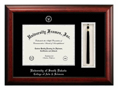 University of South Dakota College of Arts & Sciences Diploma with Tassel Box Frame in Satin Mahogany with Black & Silver Mats for document: 8 1/2"h x 11"w  