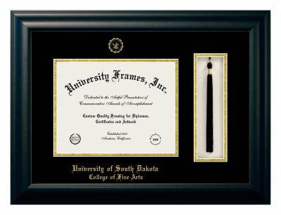 University of South Dakota College of Fine Arts Diploma with Tassel Box Frame in Satin Black with Black & Gold Mats for document: 8 1/2"h x 11"w  