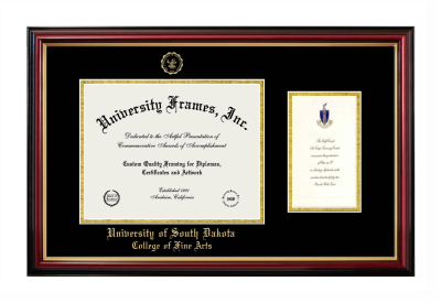 University of South Dakota College of Fine Arts Diploma with Announcement Frame in Petite Mahogany with Gold Trim with Black & Gold Mats for document: 8 1/2"h x 11"w  , diploma: 7"h x 4"w  