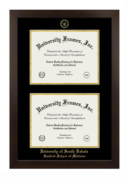 University of South Dakota Sanford School of Medicine Double Diploma Frame in Manhattan Espresso with Black & Gold Mats for document: 8 1/2"h x 11"w  , document: 8 1/2"h x 11"w  