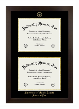University of South Dakota School of Law Double Diploma Frame in Manhattan Espresso with Black & Gold Mats for document: 8 1/2"h x 11"w  , document: 8 1/2"h x 11"w  