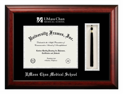 UMass Chan Medical School Diploma with Tassel Box Frame in Satin Mahogany with Black & Silver Mats for document: 8 1/2"h x 11"w  