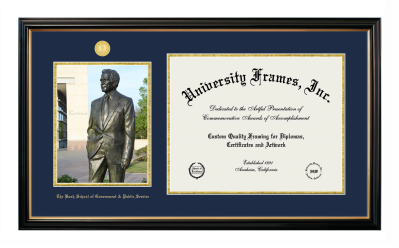 Bush School of Government & Public Service Double Opening with Campus Image (Side-by-Side) Frame in Petite Black with Gold Trim with Navy Blue & Gold Mats for document: 12 1/2"h x 16"w  