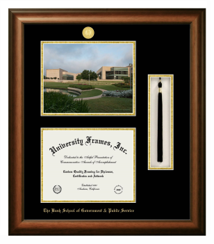 Bush School of Government & Public Service Double Opening with Campus Image & Tassel Box (Stacked) Frame in Satin Walnut with Black & Gold Mats for document: 8 1/2"h x 11"w  