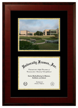 Bush School of Government & Public Service Double Opening with Campus Image (Unimprinted Mat) Frame in Honors Mahogany with Black & Gold Mats for document: 8 1/2"h x 11"w  