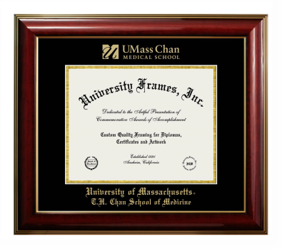 University of Massachusetts T.H. Chan School of Medicine Diploma Frame in Classic Mahogany with Gold Trim with Black & Gold Mats for document: 8 1/2"h x 11"w  