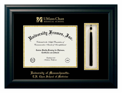 University of Massachusetts T.H. Chan School of Medicine Diploma with Tassel Box Frame in Satin Black with Black & Gold Mats for document: 8 1/2"h x 11"w  