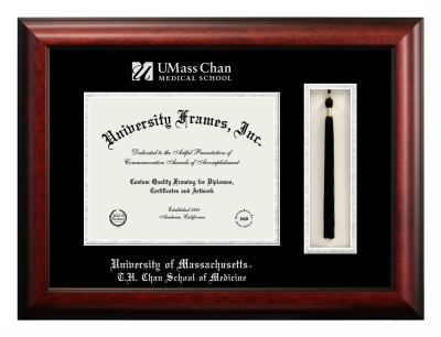 University of Massachusetts T.H. Chan School of Medicine Diploma with Tassel Box Frame in Satin Mahogany with Black & Silver Mats for document: 8 1/2"h x 11"w  