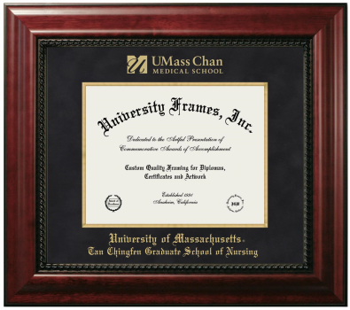 University of Massachusetts Tan Chingfen Graduate School of Nursing Diploma Frame in Executive with Gold Fillet with Black Suede Mat for document: 8 1/2"h x 11"w  