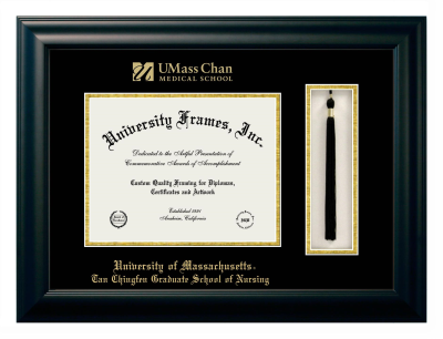 University of Massachusetts Tan Chingfen Graduate School of Nursing Diploma with Tassel Box Frame in Satin Black with Black & Gold Mats for document: 8 1/2"h x 11"w  