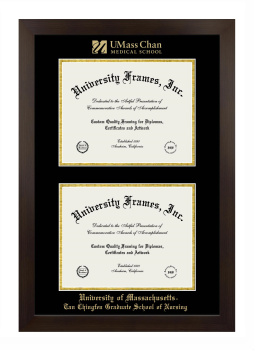 University of Massachusetts Tan Chingfen Graduate School of Nursing Double Diploma Frame in Manhattan Espresso with Black & Gold Mats for document: 8 1/2"h x 11"w  , document: 8 1/2"h x 11"w  