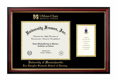 University of Massachusetts Tan Chingfen Graduate School of Nursing Diploma with Announcement Frame in Petite Mahogany with Gold Trim with Black & Gold Mats for document: 8 1/2"h x 11"w  , diploma: 7"h x 4"w  