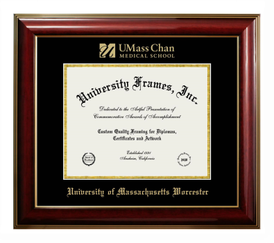 University of Massachusetts Worcester Diploma Frame in Classic Mahogany with Gold Trim with Black & Gold Mats for document: 8 1/2"h x 11"w  