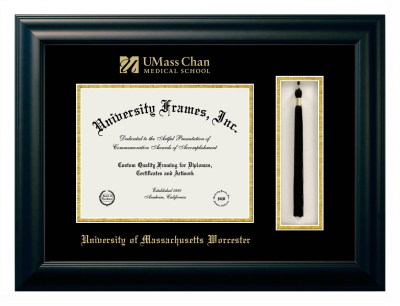 University of Massachusetts Worcester Diploma with Tassel Box Frame in Satin Black with Black & Gold Mats for document: 8 1/2"h x 11"w  