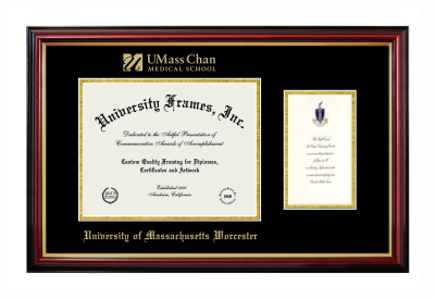 University of Massachusetts Worcester Diploma with Announcement Frame in Petite Mahogany with Gold Trim with Black & Gold Mats for document: 8 1/2"h x 11"w  , diploma: 7"h x 4"w  