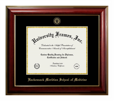 Hackensack Meridian School of Medicine Diploma Frame in Classic Mahogany with Gold Trim with Black & Gold Mats for document: 8 1/2"h x 11"w  