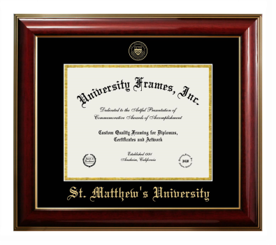 St. Matthew's University Diploma Frame in Classic Mahogany with Gold Trim with Black & Gold Mats for document: 8 1/2"h x 11"w  