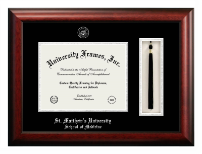 St. Matthew's University School of Medicine Diploma with Tassel Box Frame in Satin Mahogany with Black & Silver Mats for document: 8 1/2"h x 11"w  