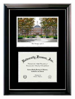 Miami University Double Opening with Campus Image (Stacked) Frame in Classic Ebony with Silver Trim with Black & Silver Mats for document: 8 1/2"h x 11"w  