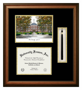 Miami University Double Opening with Campus Image & Tassel Box (Stacked) Frame in Satin Walnut with Black & Gold Mats for document: 8 1/2"h x 11"w  