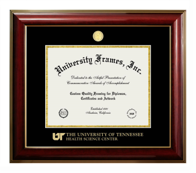 University of Tennessee Health Science Center Diploma Frame in Classic Mahogany with Gold Trim with Black & Gold Mats for document: 8 1/2"h x 11"w  