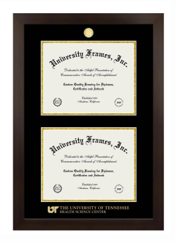 University of Tennessee Health Science Center Double Diploma Frame in Manhattan Espresso with Black & Gold Mats for document: 8 1/2"h x 11"w  , document: 8 1/2"h x 11"w  